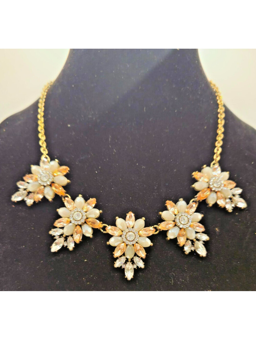 J.Crew Gold Tone Peach & Cream Crystal Floral Bib Statement Necklace
